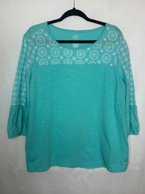 St. John's Bay Turquoise Embroidered Scoop Neck 3/4 Sleeve Top